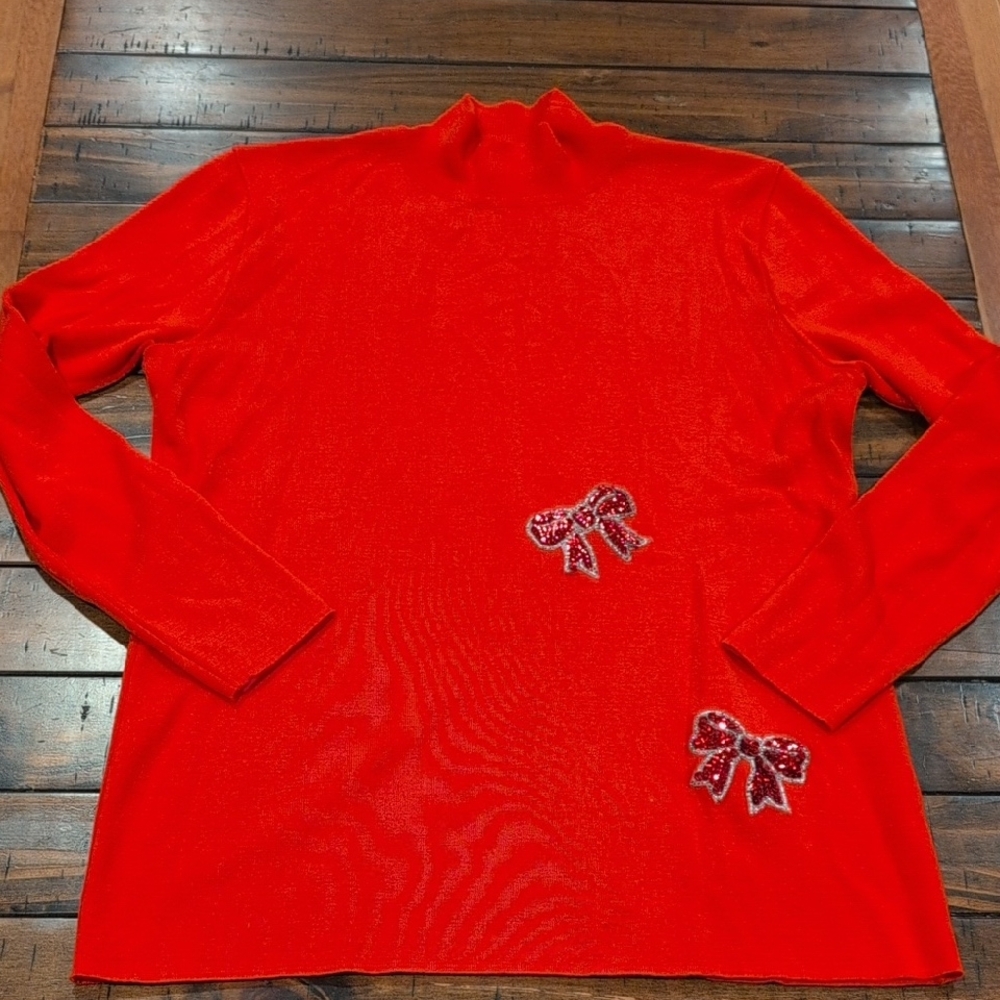 Vintage Escada Wool Sequin Bow Mock Neck Sweater Christmas Holiday 44